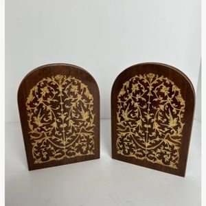 Vintage Inlaid Sorrento Italy Wood Ware Folding Bookends Birds Flowers Italian
